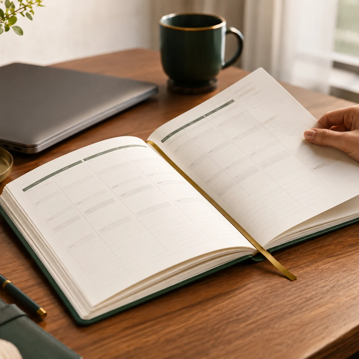An open weekly planner beside a closed laptop and a warm mug on a wooden desk.