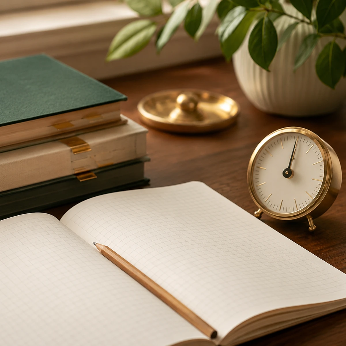 An open grid notebook with a pencil beside a brass clock and tabbed books on a desk.