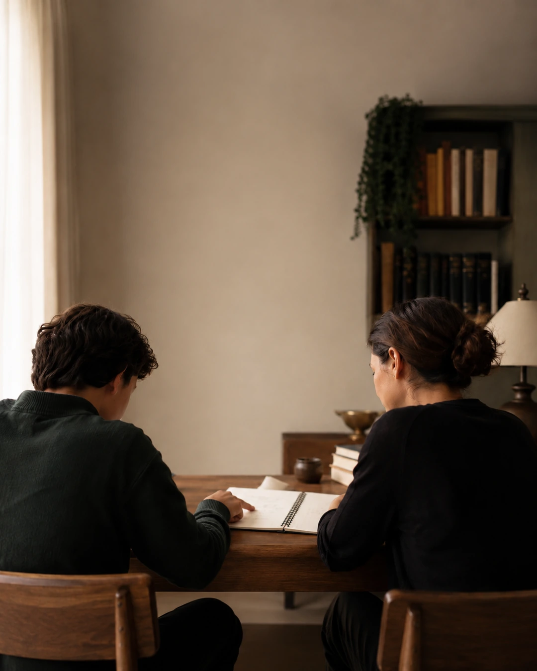 A mentor and student reviewing a notebook side by side at a desk.