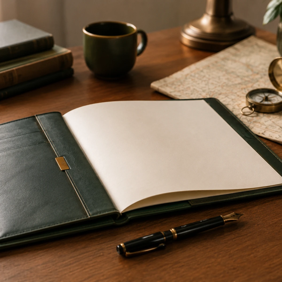 An open leather portfolio with a fountain pen, a brass compass, and a folded map on a desk.