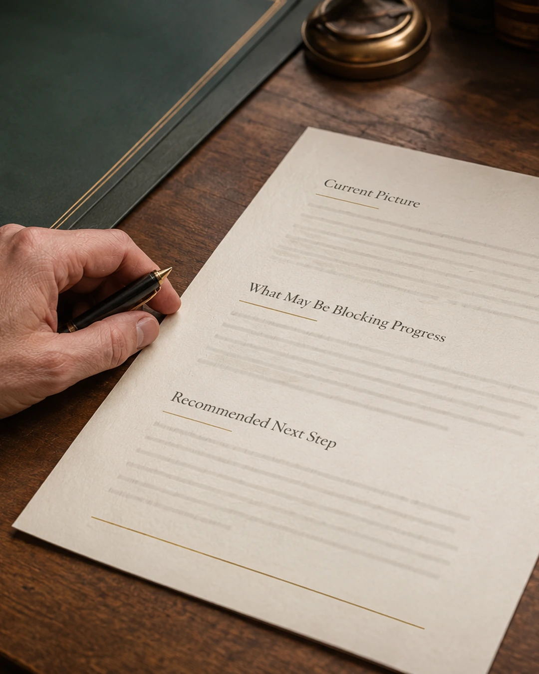 An anonymized academic pathway plan on a desk, with headings for the student's current picture, what may be blocking progress, and a recommended next step.