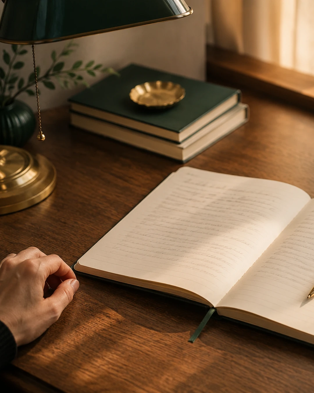 A warm desk with an open notebook and a handwritten note under lamplight.