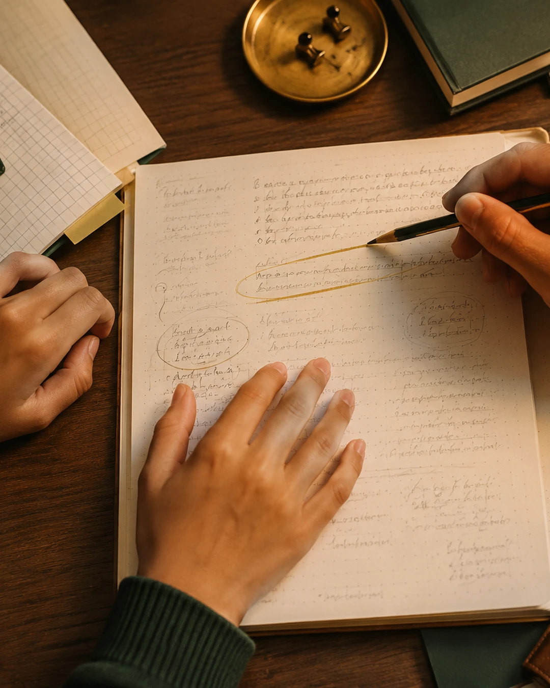Hands reviewing annotated notes, marking a pattern in pencil.