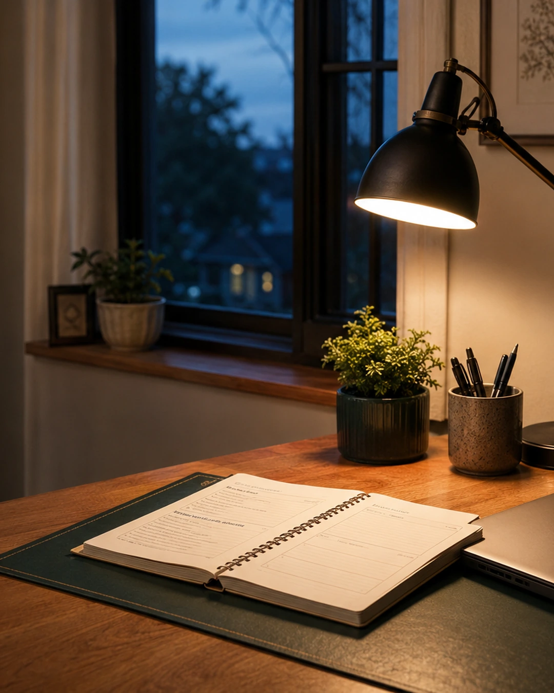 A quiet evening desk at home with a lamp lit and an open notebook showing a study plan.