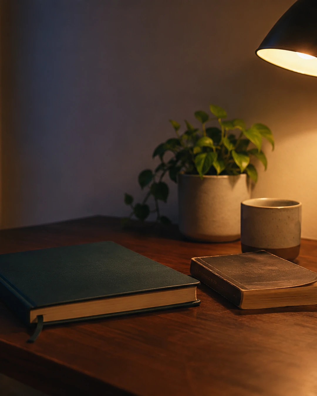 A lived-in study desk with a notebook, a book, and a small personal object.