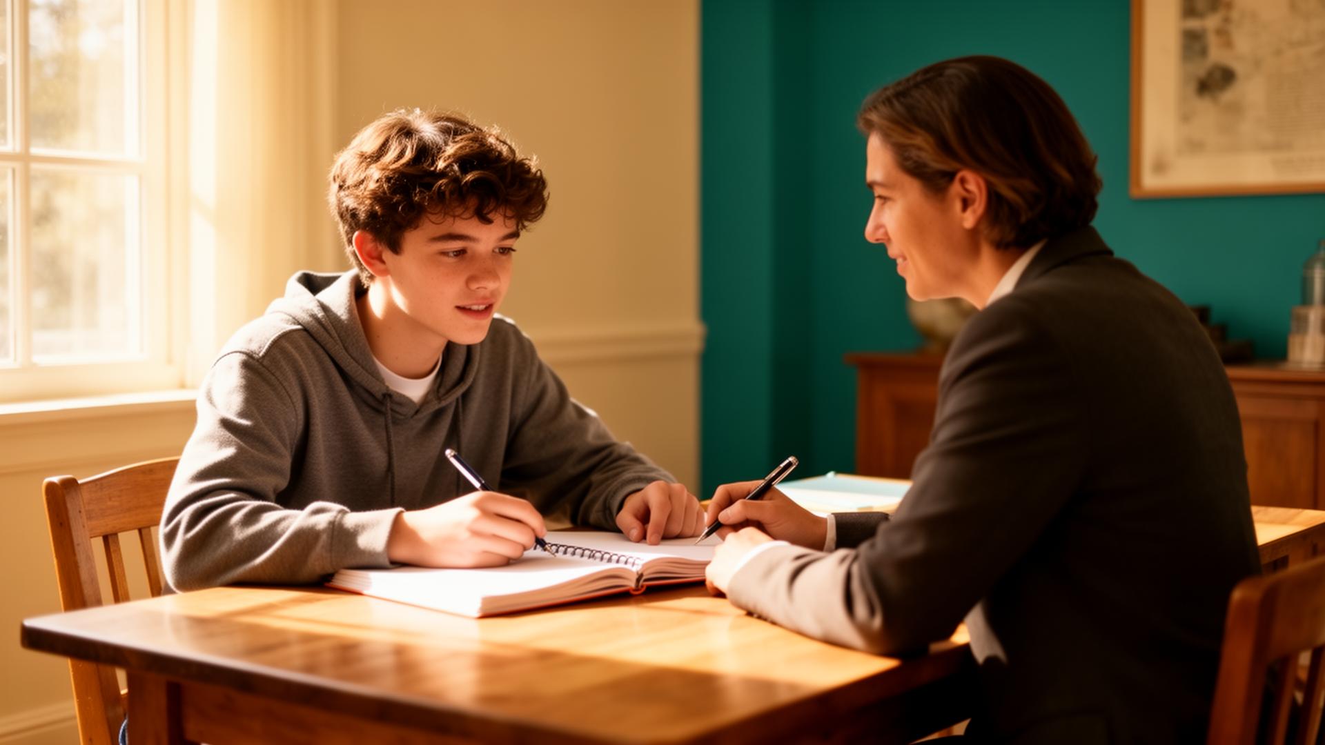 A mentor and student in conversation across a wooden desk in warm afternoon light